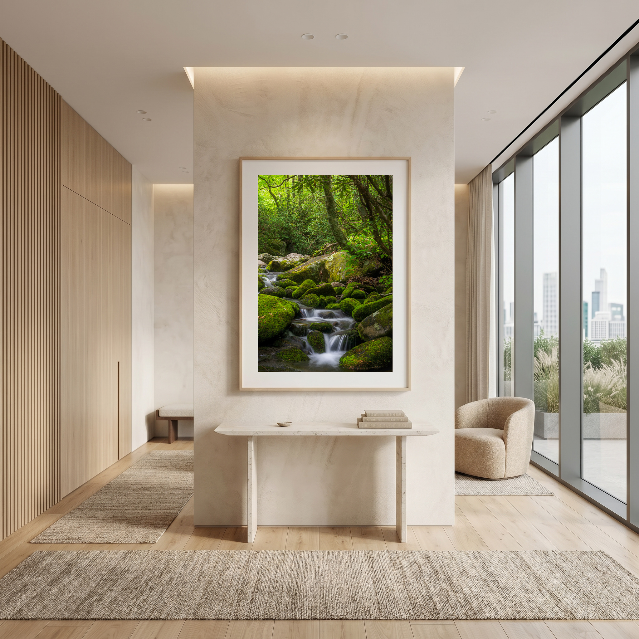 Modern entryway with B&W foggy lake framed print — gold float frame